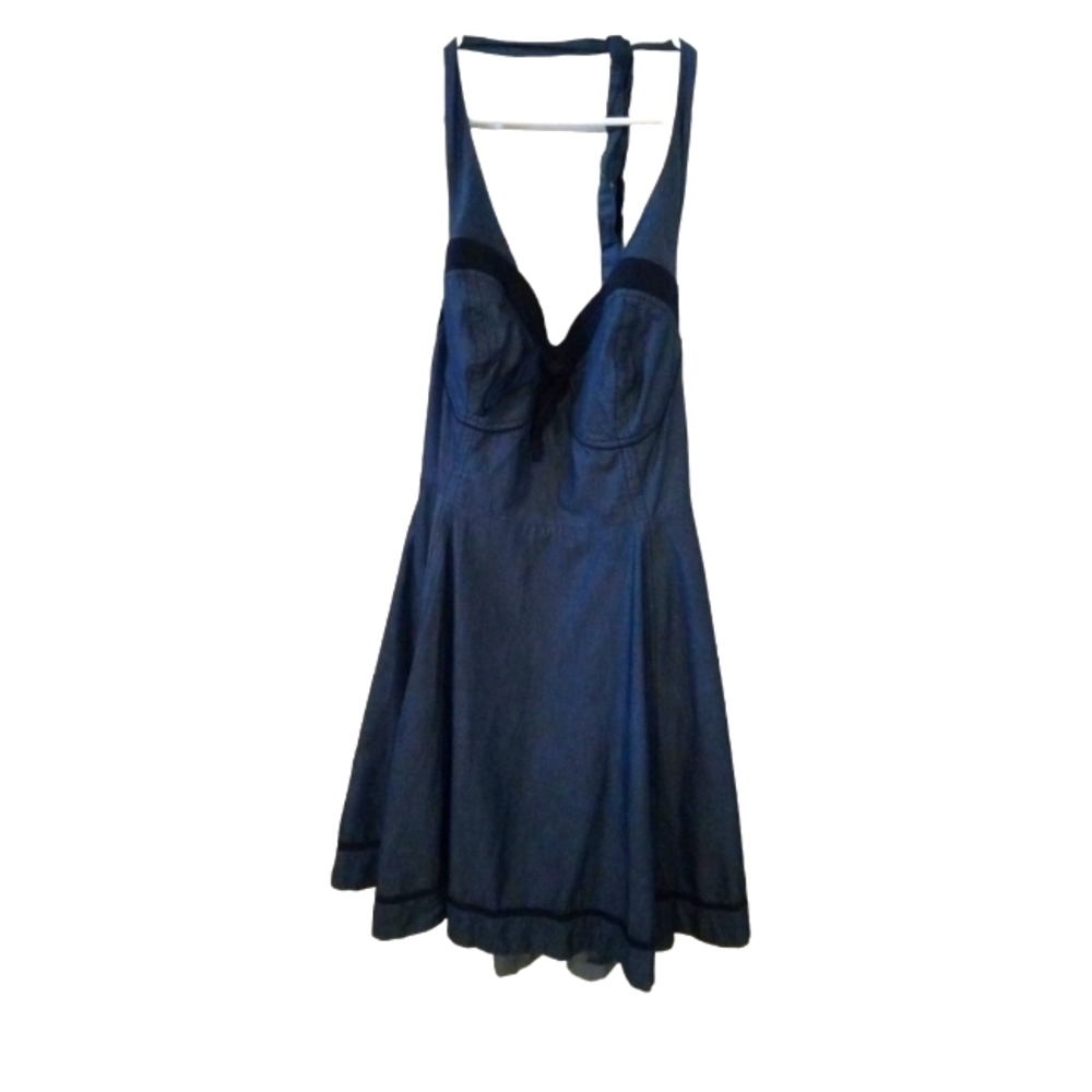 Halter Dress eShakti Defined Bodice Chambray w. Navy Trim Smock Back 50s Vibe 2X